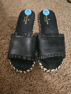 kate spade Black Ruffle Espadrille Slide Mules